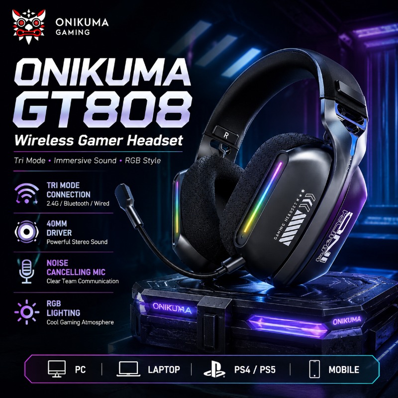Pc Gaming Apple - หูฟังเกมมิ่งไร้สาย ONIKUMA GT808 รองรับโหมดการเชื่อมต่อสามแบบ บลูทูธ 2.4GHz